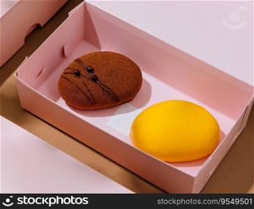 chocolate and lemon French mousse cake on box