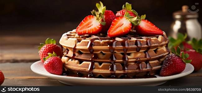 Chocolate and maple syrup drizzled over freshly baked waffles for a delightful morning breakfast
