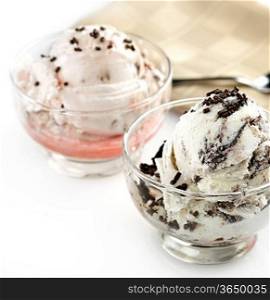 Chocolate And Strawberry Ice Cream In The Glass Bowls