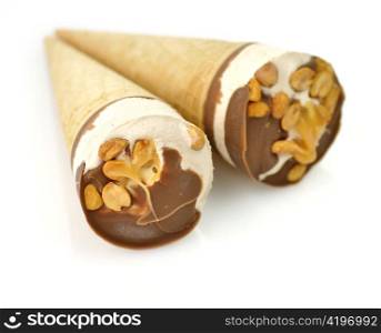 chocolate and vanilla ice cream with waffle cone