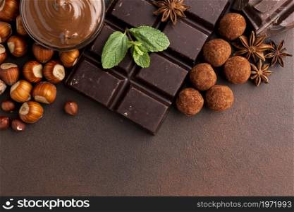 chocolate bar arrangement with truffles. High resolution photo. chocolate bar arrangement with truffles. High quality photo