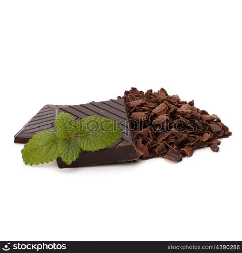 Chocolate bars and mint leaf isolated on white background