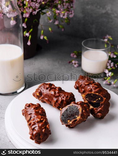 chocolate bars on plate with milk