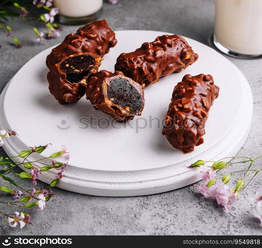 chocolate bars on plate with milk