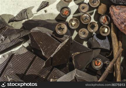 Chocolate bonbons and chocolate bar.
