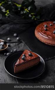 Chocolate brownie cakes with blueberry on plate