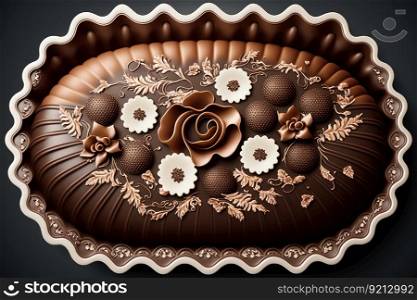 chocolate cake baking tray decorated with patterns and ruffles, created with generative ai. chocolate cake baking tray decorated with patterns and ruffles
