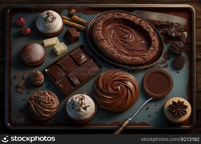 chocolate cake, cookies and pastries baking tray, created with generative ai. chocolate cake, cookies and pastries baking tray