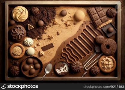 chocolate cake, cookies and pastries baking tray, created with generative ai. chocolate cake, cookies and pastries baking tray