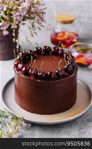 Chocolate cake decorated with sweet cherries