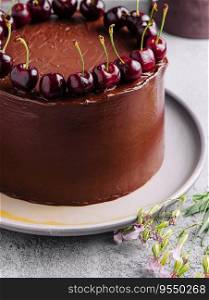 Chocolate cake decorated with sweet cherries