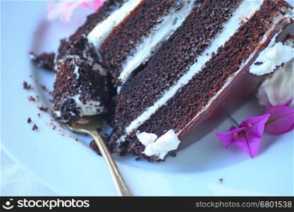 Chocolate cake dessert with four layers filled with vanilla cream on a white plate