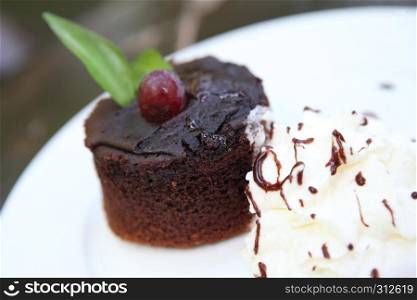 chocolate cake on wood background