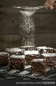 chocolate cake pieces sprinkled with icing sugar