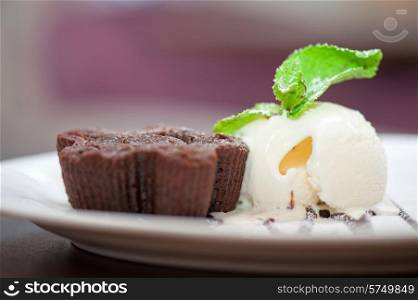 chocolate cake with ice cream at white plate. chocolate cake with ice cream