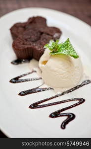 chocolate cake with ice cream at white plate. chocolate cake with ice cream