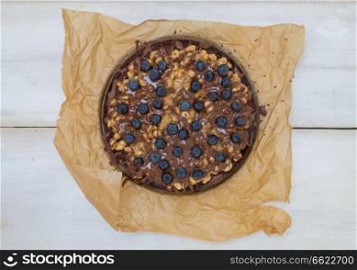 Chocolate cake with peanut caramel and blueberries.. Chocolate cake with peanut caramel and blueberries