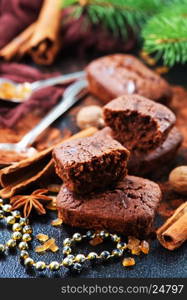 chocolate cake with spice on christmas background