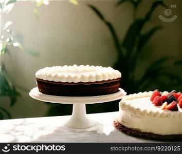Chocolate cake with white bizet on a white platter. Festive dessert for an important event. Delicious beautiful cake with whole strawberries. AI generated.. Chocolate cake with white bizet on a white platter. Festive dessert for an important event. AI generated.