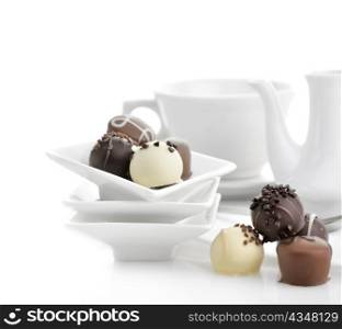 Chocolate Candies Assortment In A White Dish