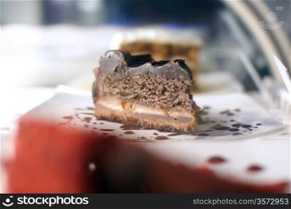 chocolate cheese cake slice on display