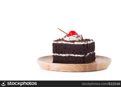 Chocolate cherry cake isolated on white background.