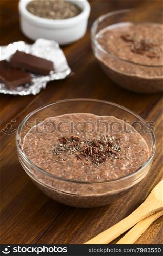 Chocolate chia seed pudding in glass bowl with chia seeds and chocolate shavings on top, photographed with natural light (Selective Focus, Focus in the middle of the chia pudding)
