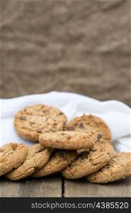 Chocolate chip cookies in rustic kitchen setting