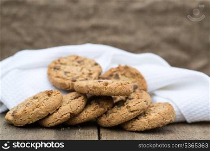 Chocolate chip cookies in rustic kitchen setting