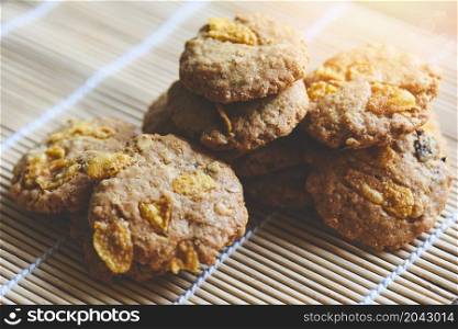 Chocolate chip cookies on wooden table background, Close up cookie cornflakes