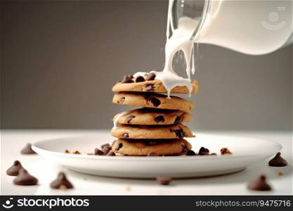 Chocolate chip cookies with white milk splashes. Generative AI