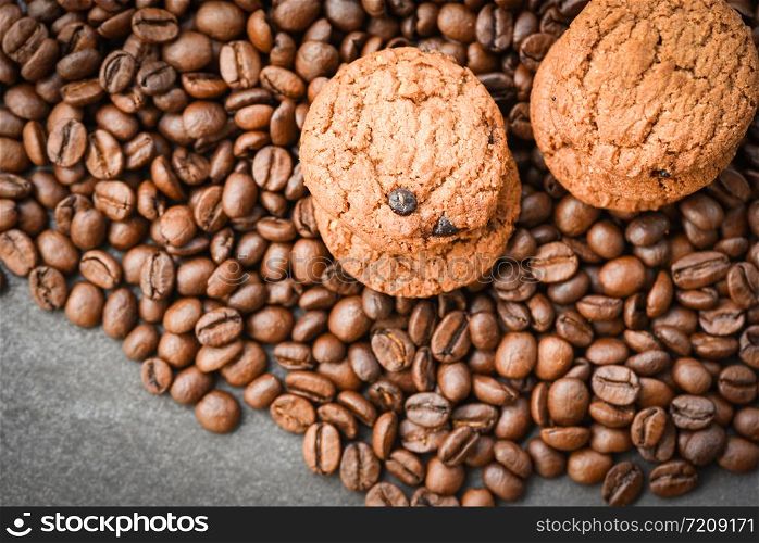 Chocolate cookies coffee beans roasted background