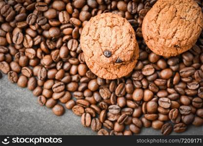 Chocolate cookies coffee beans roasted background