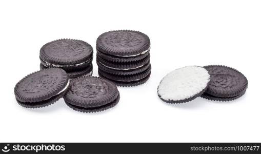 Chocolate cookies with cream filling isolated on white background.