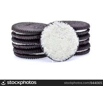 Chocolate cookies with cream filling isolated on white background.