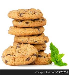 Chocolate cookies with mint leaves isolated on white background.