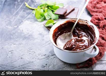 chocolate cream in bowl and on a table
