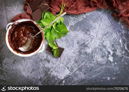 chocolate cream in bowl and on a table