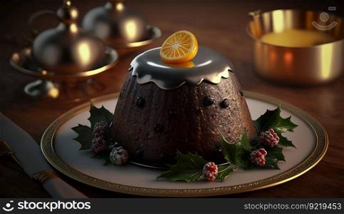 Chocolate cream pudding, pan kota on a plate, decorated with foucta, dark background. Header banner mockup with copy space. AI generated.. Chocolate cream pudding, pan kota on a plate, decorated with foucta, dark background. AI generated.