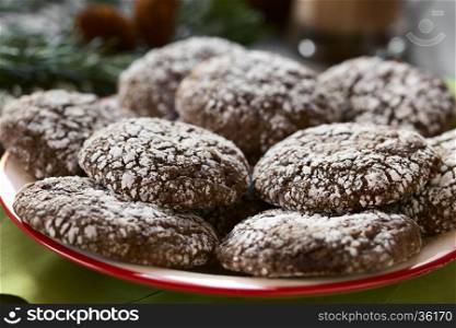 Chocolate crinkle cookies, traditional American Christmas cookies, photographed with natural light (Selective Focus, Focus one third into the image)