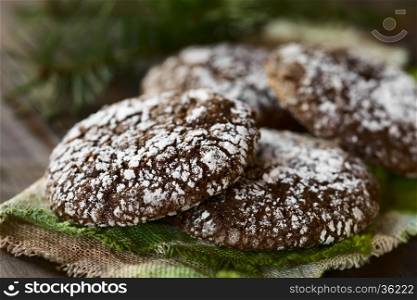 Chocolate crinkle cookies, traditional American Christmas cookies, photographed with natural light (Selective Focus, Focus on the front of the right cookie and one fourth into the left cookie)