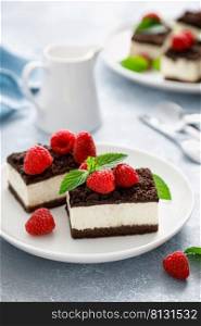 Chocolate cube cake, sliced brownie cheesecake with fresh raspberry
