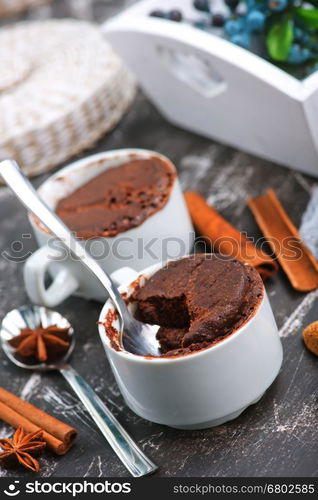 chocolate cupcake in cup and on a table