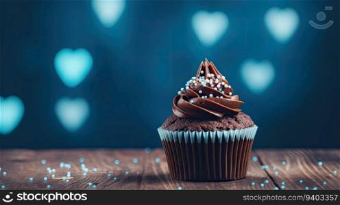 Chocolate cupcake on wooden table with heart bokeh background