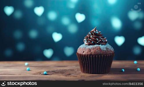 Chocolate cupcake on wooden table with hearts bokeh background