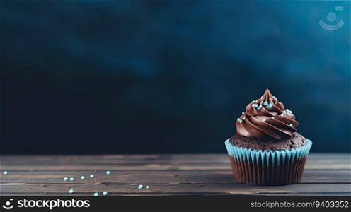 Chocolate cupcake on wooden table with space for your text.