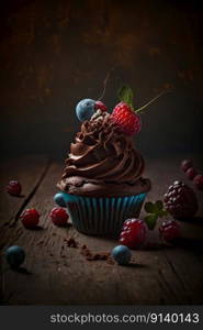 Chocolate cupcake with red berry on wooden table. Illustration Generative AI 