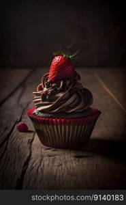 Chocolate cupcake with red berry on wooden table. Illustration Generative AI 