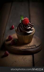 Chocolate cupcake with red berry on wooden table. Illustration Generative AI 