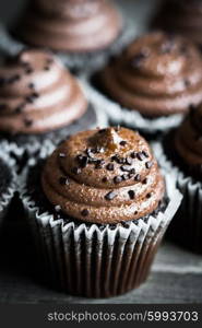 Chocolate cupcakes on rustic wooden background